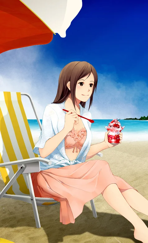 沙滩上吃着冰激凌的动漫美女手机壁纸
