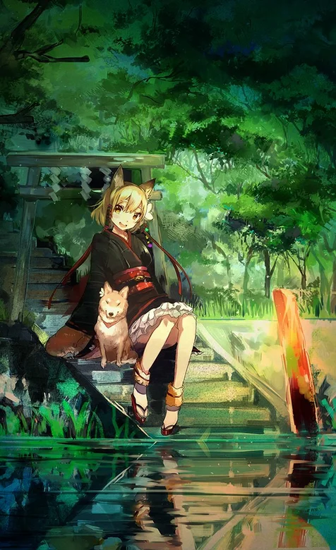 坐在湖边的日本合服动漫美女