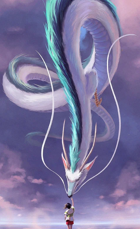 动漫小女孩触摸白龙的胡须的手机壁纸