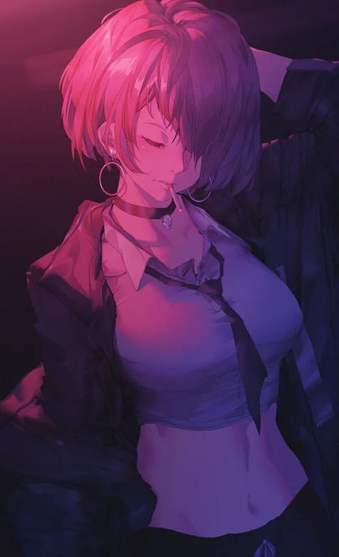 粉色霓虹灯下的时尚短发动漫女生