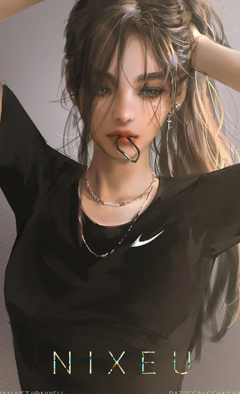 正在绑头发的二次元黑衣美少女插画手机壁纸图片