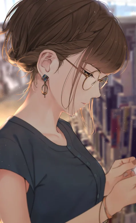 图书馆里，一个戴眼镜的女孩侧脸插画图片
