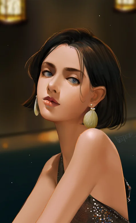 戴着贝壳耳环的的气质性感短发美女好看插画手机壁纸图片