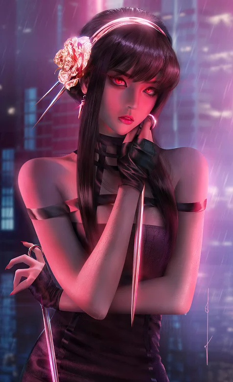 头戴玫瑰发箍，手拿针状武器，身着黑色抹胸裙的约尔福杰手机壁纸图片