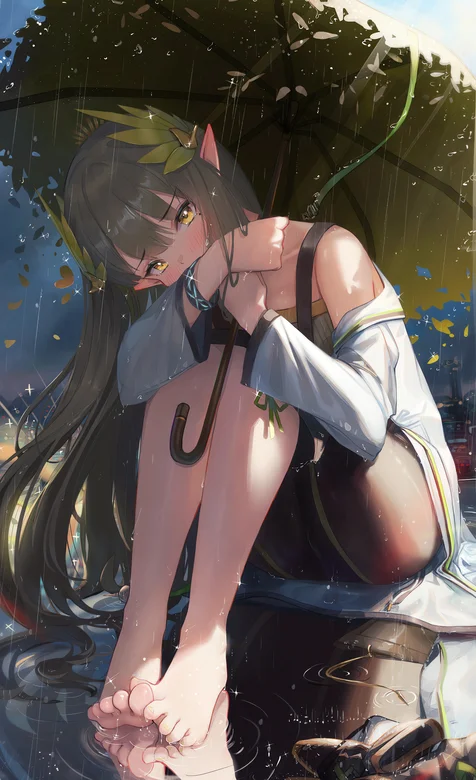 缪尔赛思，下雨天，拿着一把雨伞坐在地上的缪尔赛思唯美手机壁纸