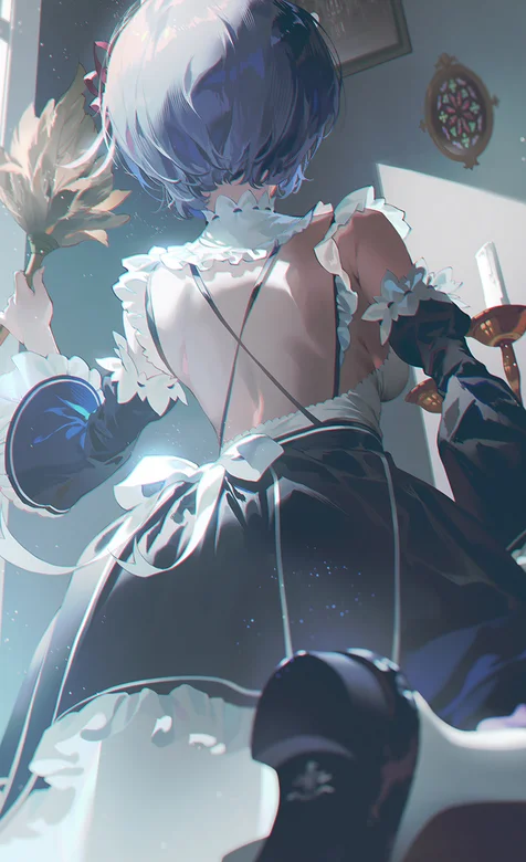 正在家里打扫卫生的女仆装动漫美女背影手机壁纸图片