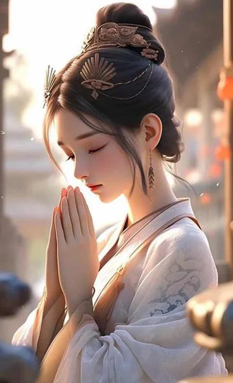 诚心许愿，求佛，拜拜的古风国风AI动漫妇女手机壁纸图片