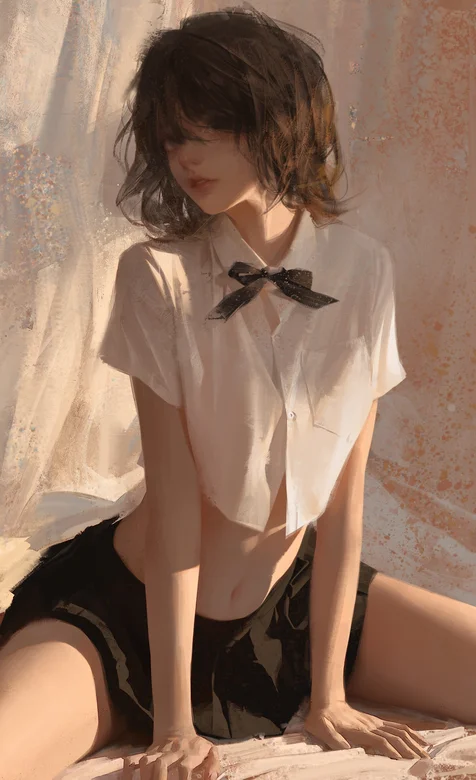 张开双腿坐在床上，双手支撑自己的性感白短衬衫短裙短发少女暖房暧昧插画手机壁纸