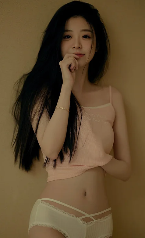 微微的笑，青春可人，把手伸进自己小背心的漂亮女生靠墙站立写真手机壁纸图片