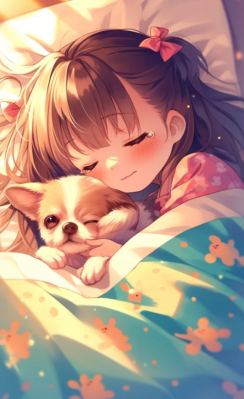 抱着狗狗睡觉的可爱动漫小女孩高清手机壁纸图片