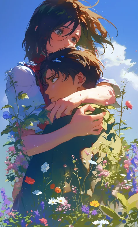 拥抱，情侣，户外，花草，抱着男孩子脖子的女孩唯美动漫手机壁纸图片