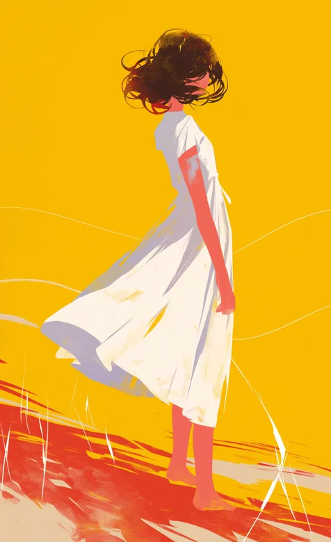 白裙女孩，少女手绘插画手机壁纸图片