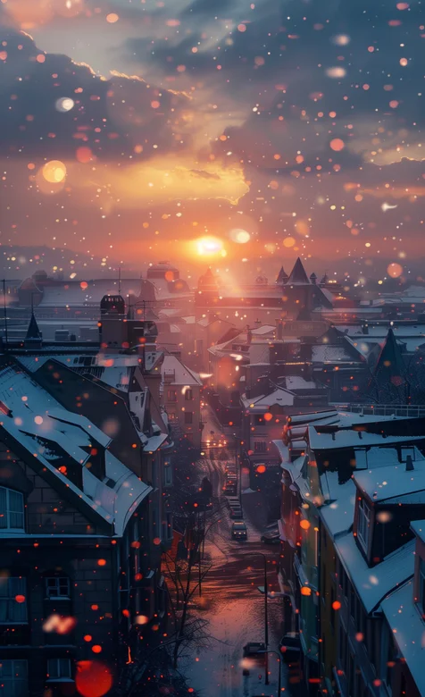 夕阳西下，下雪的城市小镇唯美动漫场景手机壁纸图片