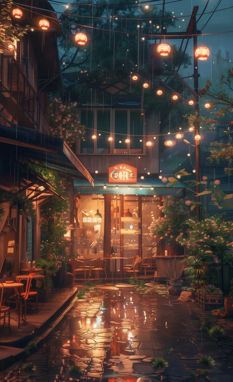 夜晚，挂满灯笼装饰的街边小酒吧唯美节日手机壁纸图片