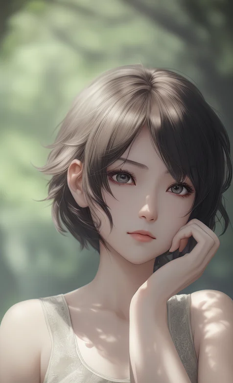 短发少女，单手托腮的精致短发AI美少女手机壁纸图片