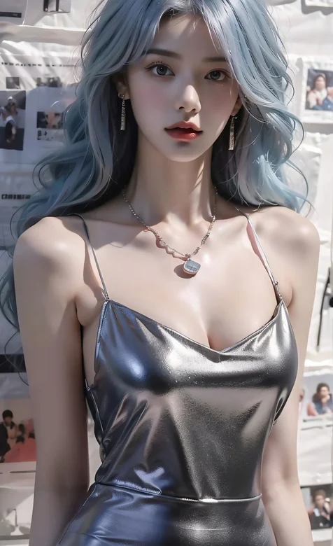 报纸墙美女，穿着银色吊带裙的性感长发AI美女手机壁纸图片