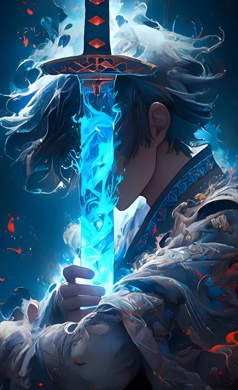 抱着蓝刀的古装动漫帅气男生AI美图手机壁纸