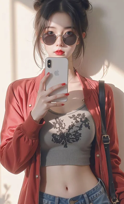 拿着手机自拍的，戴着眼镜，抹胸内衣，牛仔裤美女手机壁纸