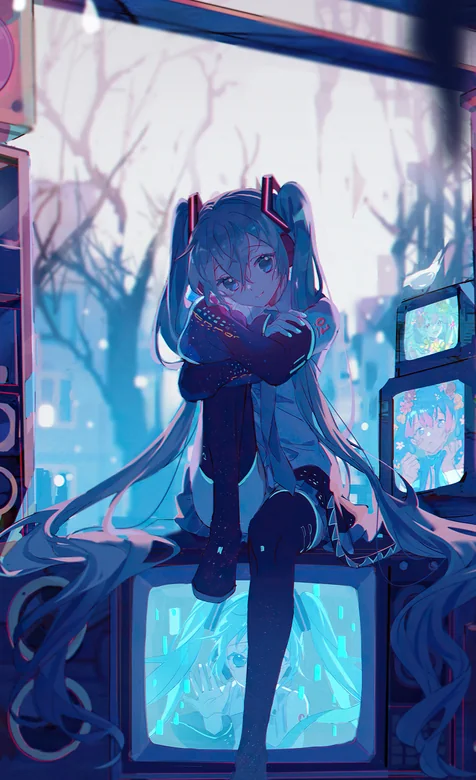 全球首个AI数字人《初音未来》坐在电视上的插画手机壁纸