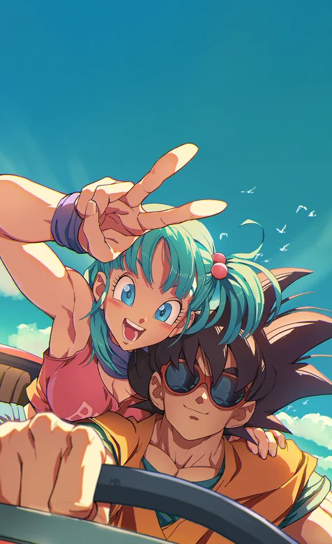 悟空 & 布尔玛，夏日兜风创意手机壁纸免费下载