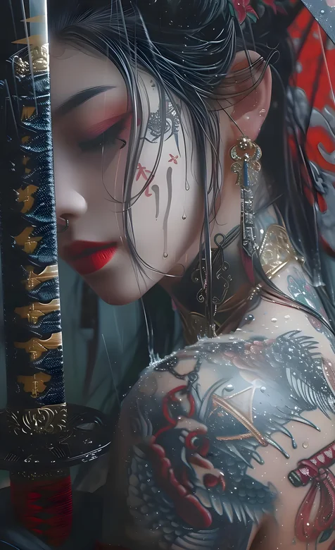 满肩都是纹身刺青的女人和她的武士刀AI手机壁纸图片