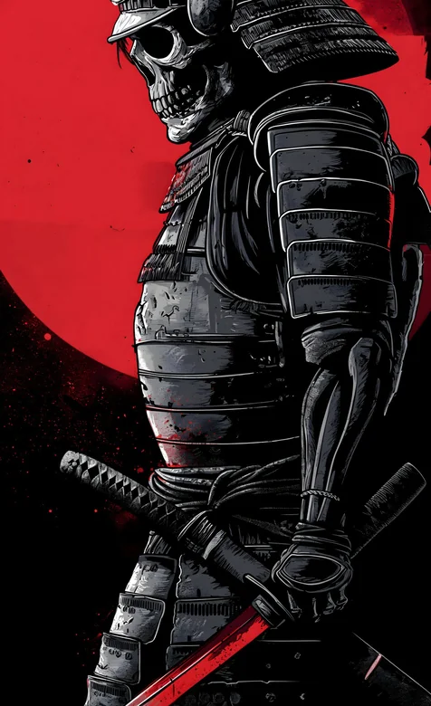 《暗黑系骷髅武士日式盔甲壁纸 红黑风格武士刀高清壁纸下载》