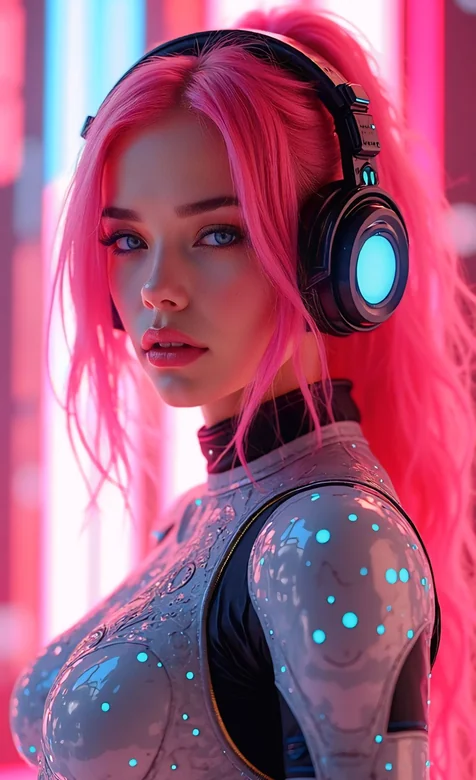 赛博朋克粉发少女霓虹耳机虚拟插画