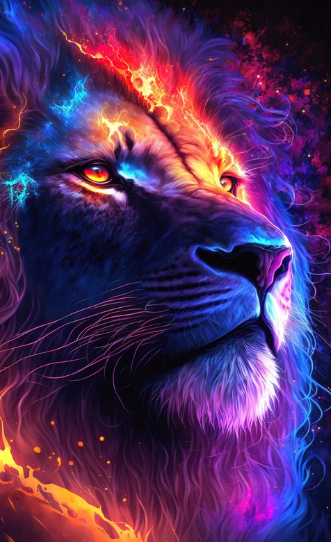 霓虹奇幻狮子燃魂头像 赛博星空炫彩风
