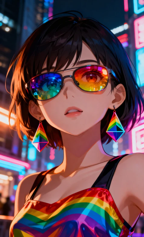 赛博朋克夜景彩虹装动漫女孩 霓虹风AI壁纸