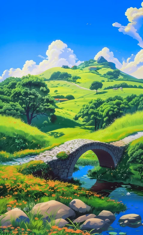 田园乡村·唯美动漫风 绿丘石桥治愈手机壁纸