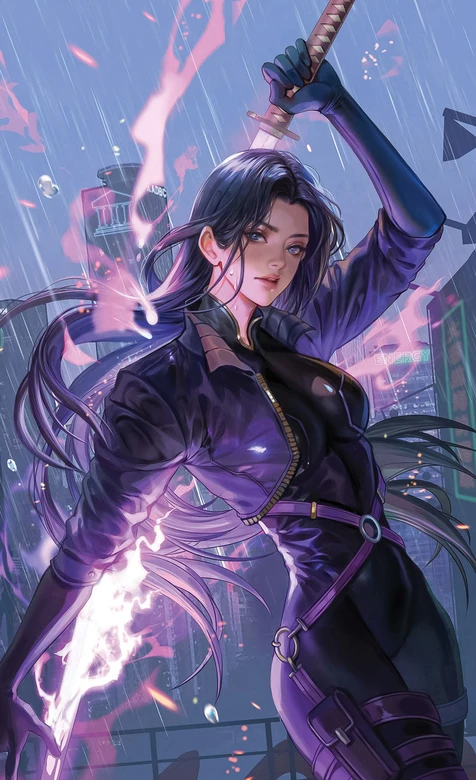 赛博朋克二次元女剑士·紫焰雨夜都市手机壁纸