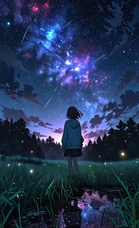 二次元唯美夏夜星空·女孩眺望萤火虫森林 热门手机壁纸
