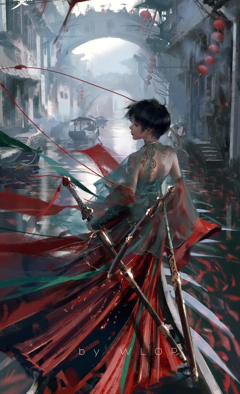 短发持剑女子·国风武侠《影之刃》江南水乡插画 古风壁纸