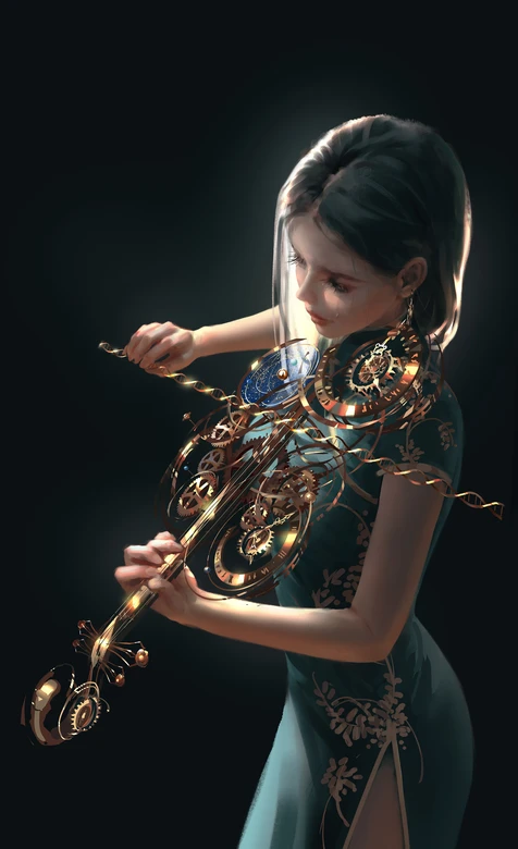 国风旗袍女子·机械齿轮小提琴 写实风 小众艺术手机壁纸
