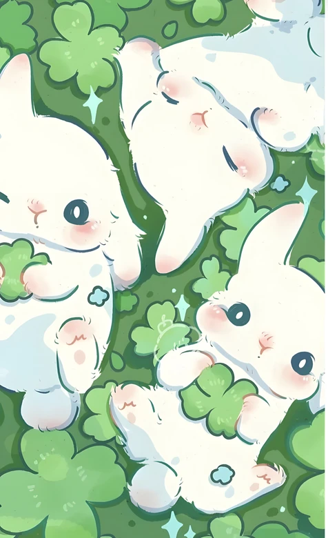 软萌小白兔·三叶草治愈场景 国漫风插画手机壁纸